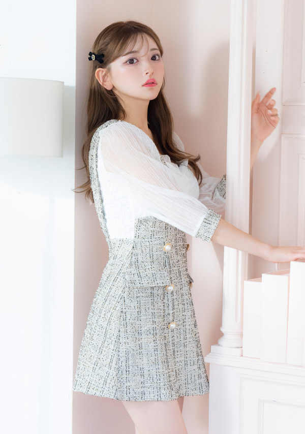 韓国ドレス ミニドレス サロペット ガーリー ツイード シフォン 袖あり 七分袖 Aライン ワンピース キャバドレスのイメージ画像2