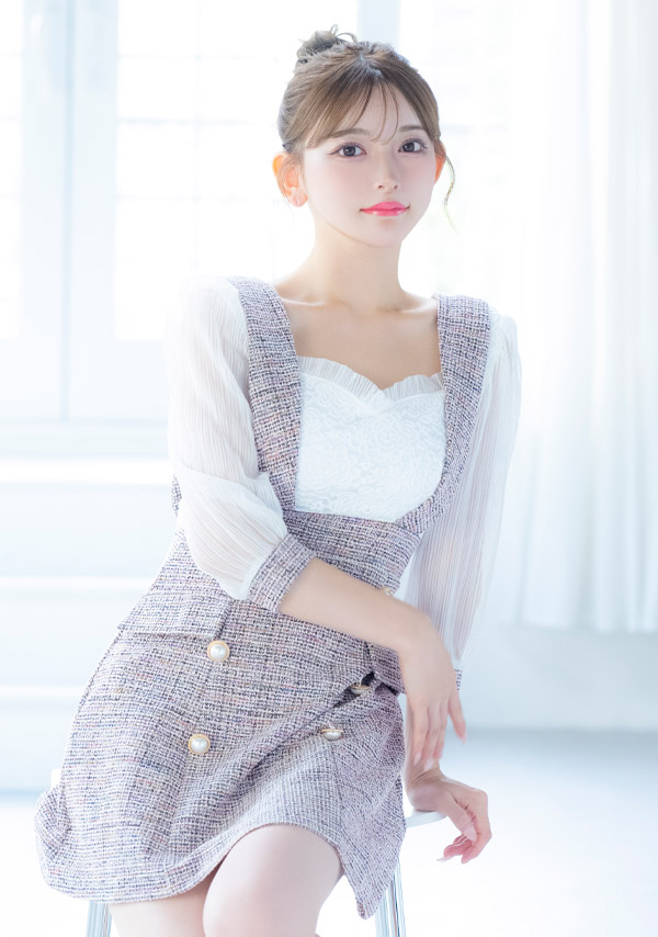 韓国ドレス ミニドレス サロペット ガーリー ツイード シフォン 袖あり 七分袖 Aライン ワンピース キャバドレスイメージ画像1