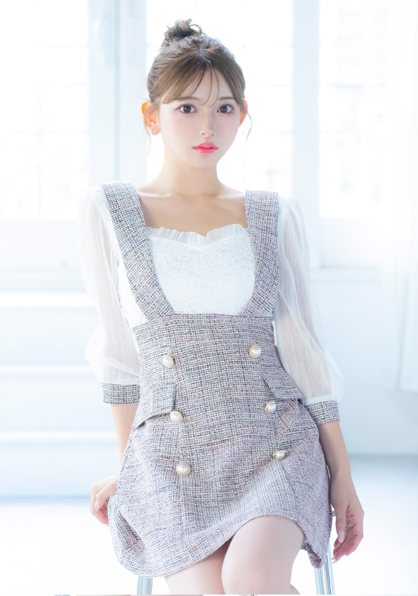 韓国ドレス ミニドレス サロペット ガーリー ツイード シフォン 袖あり 七分袖 Aライン ワンピース キャバドレスイメージ画像1