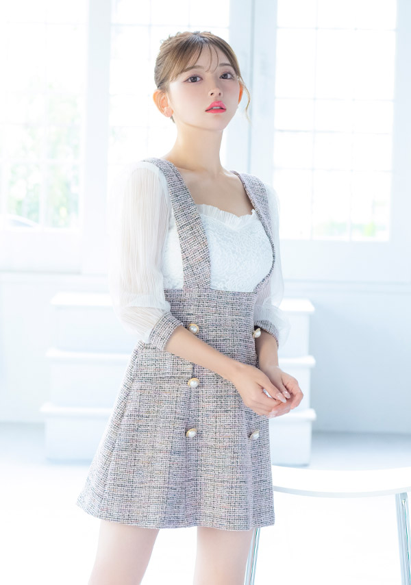 韓国ドレス ミニドレス サロペット ガーリー ツイード シフォン 袖あり 七分袖 Aライン ワンピース キャバドレスのイメージ画像2