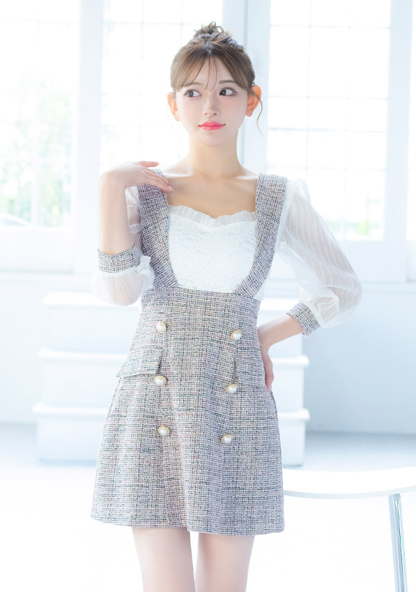 韓国ドレス ミニドレス サロペット ガーリー ツイード シフォン 袖あり 七分袖 Aライン ワンピース キャバドレスのイメージ画像2