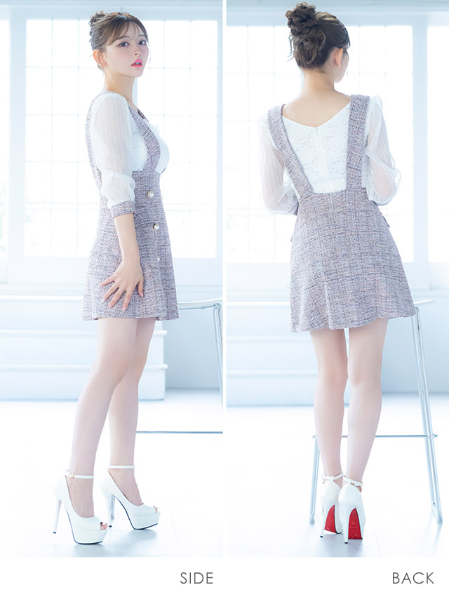 韓国ドレス ミニドレス サロペット ガーリー ツイード シフォン 袖あり 七分袖 Aライン ワンピース キャバドレスのサイドバッグ全身