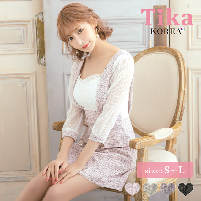 韓国ドレス ミニドレス サロペット ガーリー ツイード シフォン 袖あり 七分袖 Aライン ワンピース キャバドレスのメイン画像