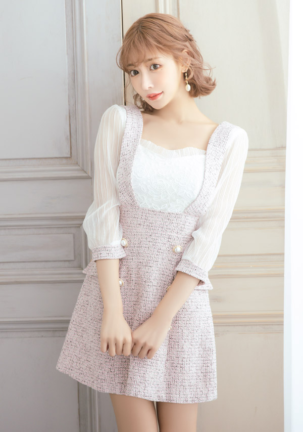 韓国ドレス ミニドレス サロペット ガーリー ツイード シフォン 袖あり 七分袖 Aライン ワンピース キャバドレスイメージ画像1