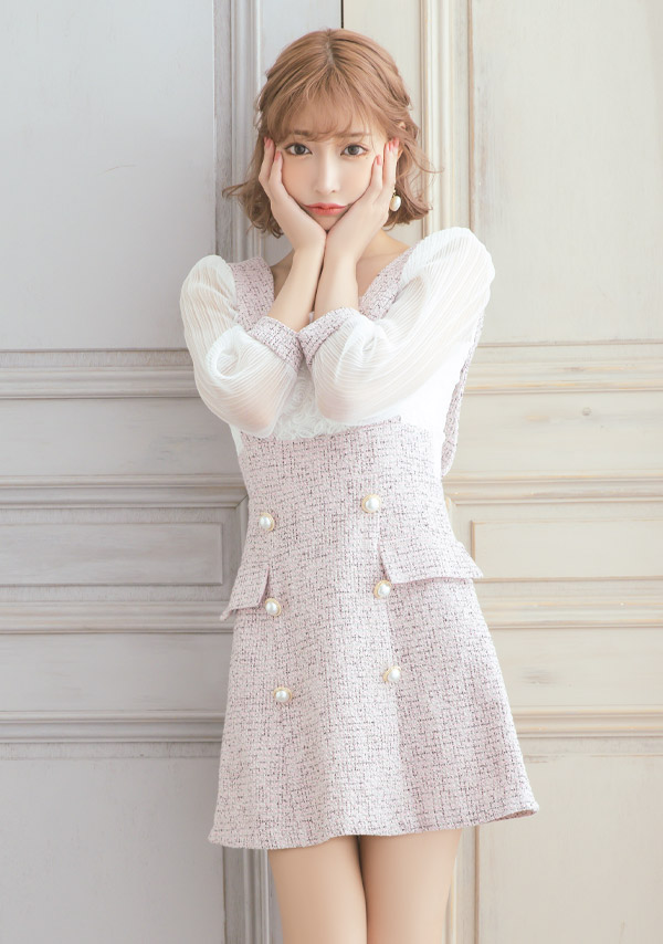 韓国ドレス ミニドレス サロペット ガーリー ツイード シフォン 袖あり 七分袖 Aライン ワンピース キャバドレスのイメージ画像2