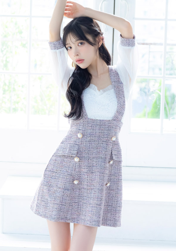 韓国ドレス ミニドレス サロペット ガーリー ツイード シフォン 袖あり 七分袖 Aライン ワンピース キャバドレスイメージ画像1