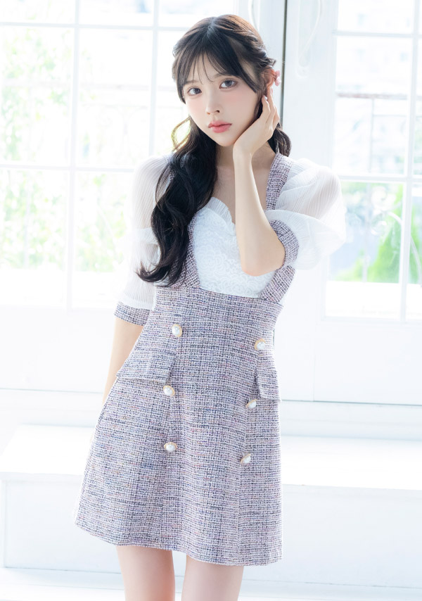 韓国ドレス ミニドレス サロペット ガーリー ツイード シフォン 袖あり 七分袖 Aライン ワンピース キャバドレスイメージ画像1