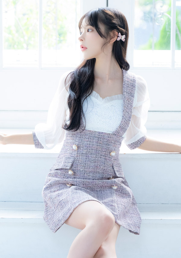 韓国ドレス ミニドレス サロペット ガーリー ツイード シフォン 袖あり 七分袖 Aライン ワンピース キャバドレスのイメージ画像2