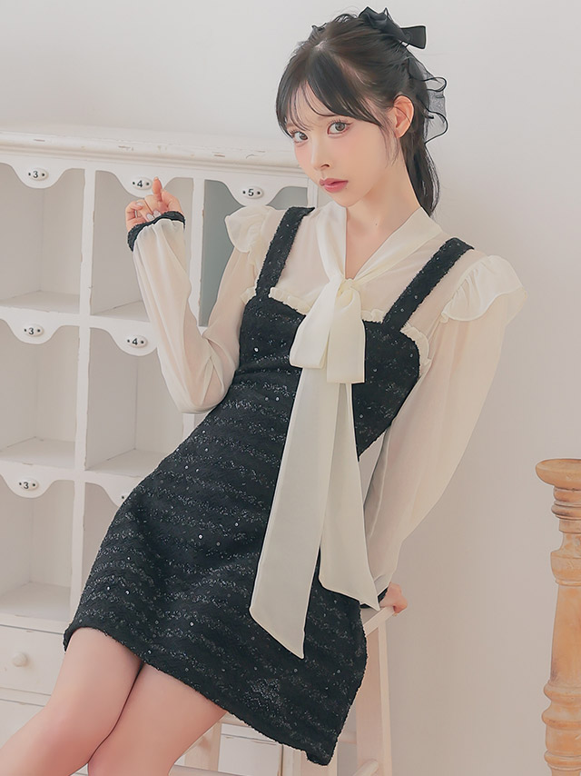韓国ドレス ワンピース ボウタイ シアー 長袖 ドッキング ネックリボン ラメニット 胸元カバー Aライン キャバドレスイメージ画像1