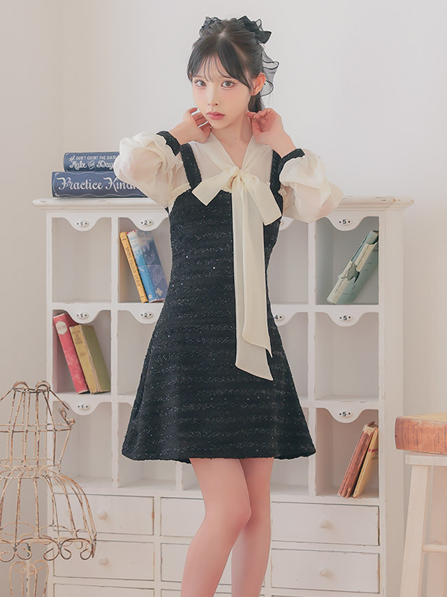韓国ドレス ワンピース ボウタイ シアー 長袖 ドッキング ネックリボン ラメニット 胸元カバー Aライン キャバドレスのイメージ画像2