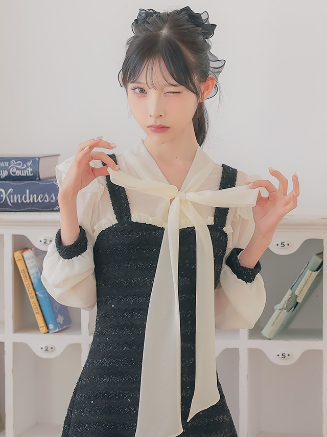 韓国ドレス ワンピース ボウタイ シアー 長袖 ドッキング ネックリボン ラメニット 胸元カバー Aライン キャバドレスのイメージ画像2