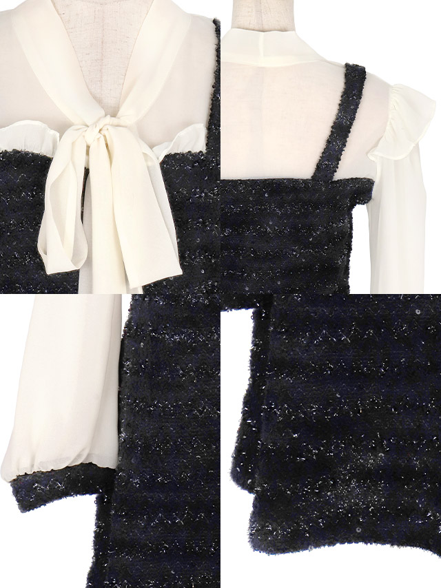 韓国ドレス ワンピース ボウタイ シアー 長袖 ドッキング ネックリボン ラメニット 胸元カバー Aライン キャバドレスのディティール1