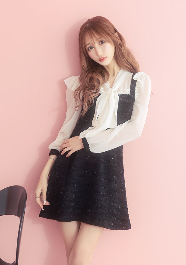 韓国ドレス ワンピース ボウタイ シアー 長袖 ドッキング ネックリボン ラメニット 胸元カバー Aライン キャバドレスのイメージ画像2