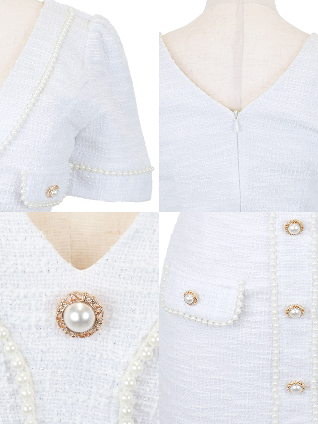 韓国ドレス ミニドレス ストレッチニット Vネック パールボタン 半袖 タイト キャバドレスのディティール1