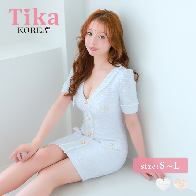 韓国ドレス ミニドレス ストレッチニット Vネック パールボタン 半袖 タイト キャバドレスのメイン画像