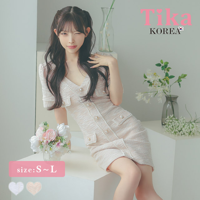 韓国ドレス ミニドレス ストレッチニット Vネック パールボタン 半袖 タイト キャバドレスのメイン画像