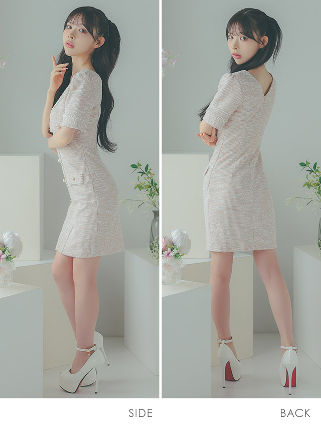 韓国ドレス ミニドレス ストレッチニット Vネック パールボタン 半袖 タイト キャバドレスのサイドバッグ全身