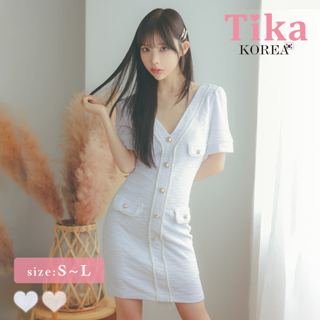 韓国ドレス ミニドレス ストレッチニット Vネック パールボタン 半袖 タイト キャバドレスのメイン画像