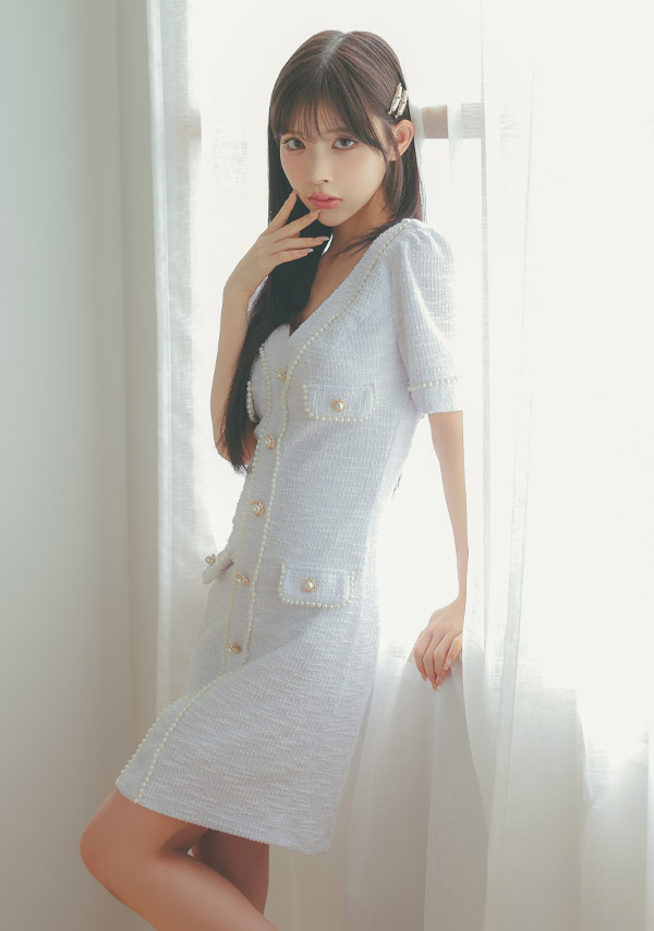 韓国ドレス ミニドレス ストレッチニット Vネック パールボタン 半袖 タイト キャバドレスのイメージ画像2