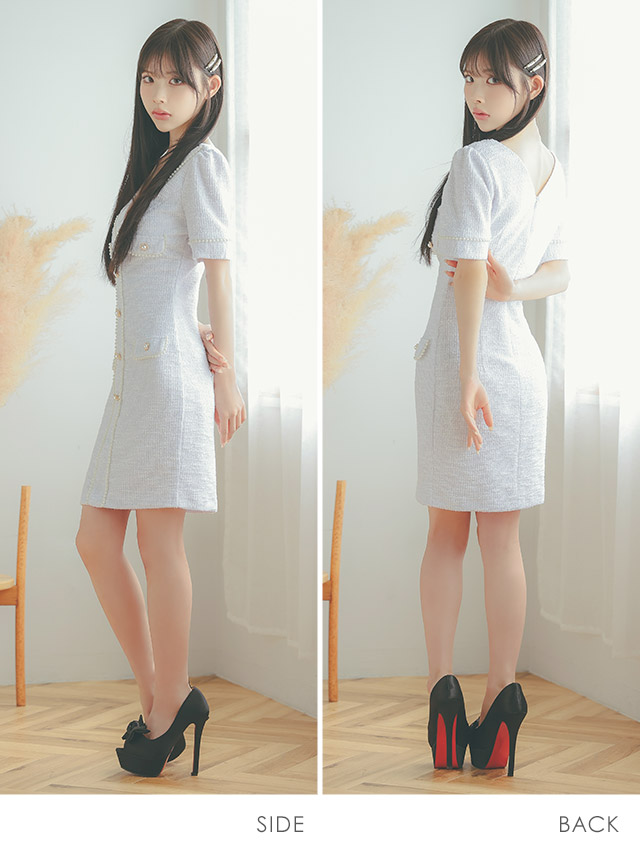 韓国ドレス ミニドレス ストレッチニット Vネック パールボタン 半袖 タイト キャバドレスのサイドバッグ全身