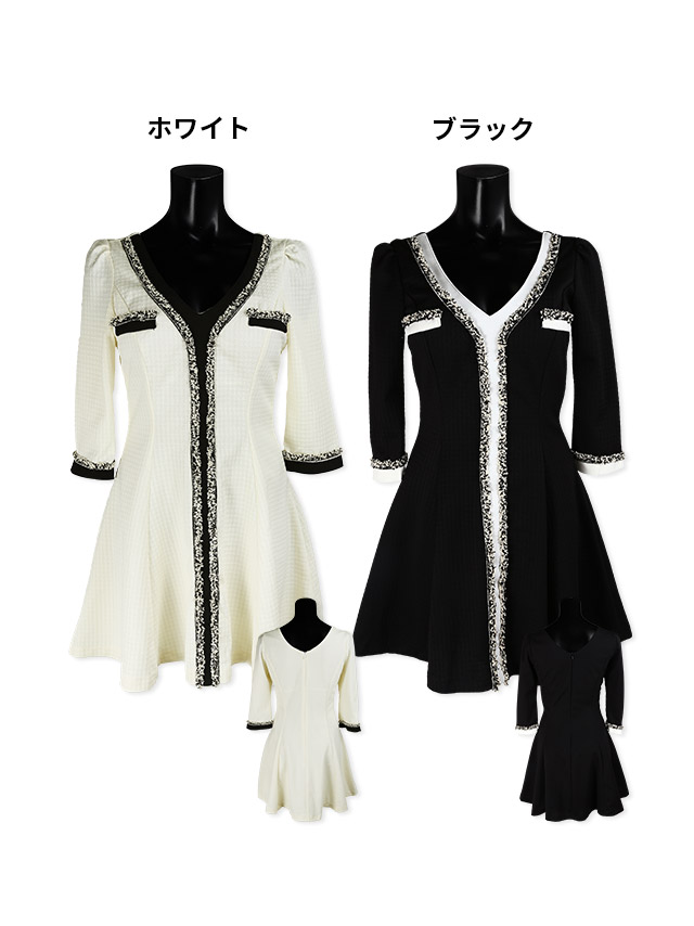 韓国ドレス ミニドレス 袖あり 五分袖 レース バストリボン ボックスプリーツ タイト キャバドレスのカラーバリエーション