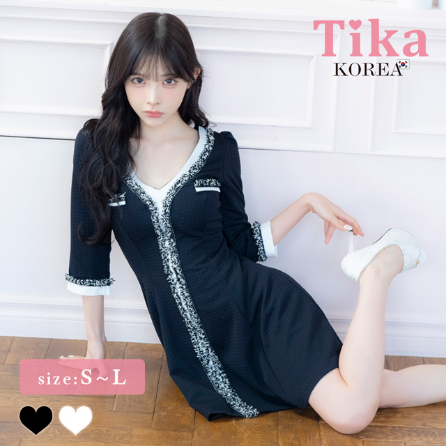 韓国ドレス ミニドレス 袖あり 五分袖 レース バストリボン ボックスプリーツ タイト キャバドレスのメイン画像