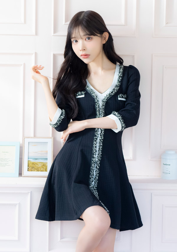 韓国ドレス ミニドレス 袖あり 五分袖 レース バストリボン ボックスプリーツ タイト キャバドレスイメージ画像1