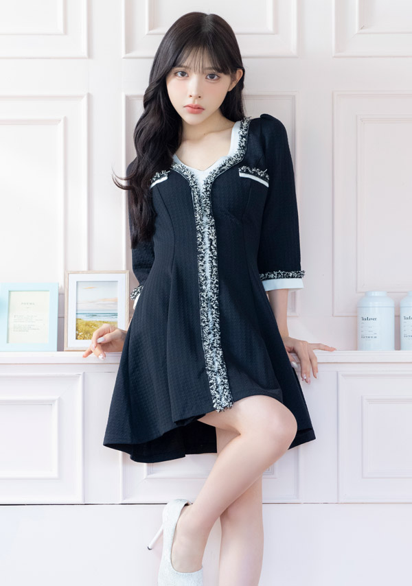 韓国ドレス ミニドレス 袖あり 五分袖 レース バストリボン ボックスプリーツ タイト キャバドレスのイメージ画像2