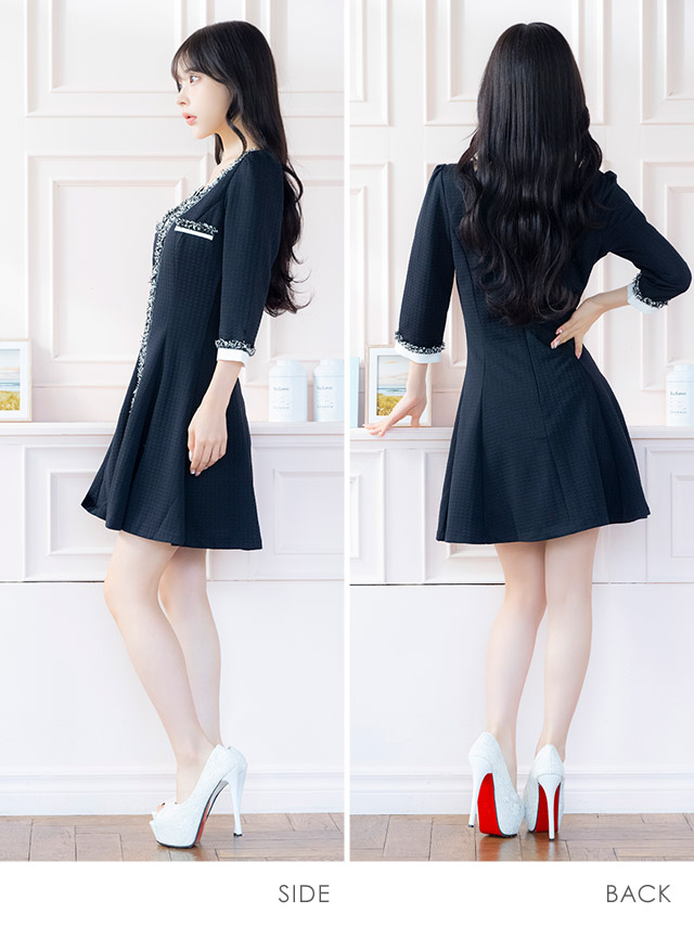 韓国ドレス ミニドレス 袖あり 五分袖 レース バストリボン ボックスプリーツ タイト キャバドレスのサイドバッグ全身