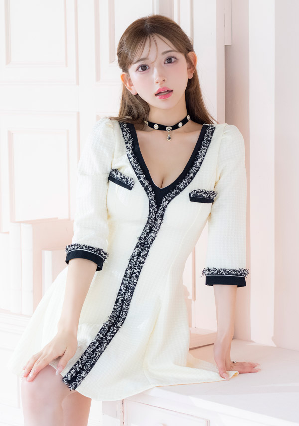 韓国ドレス ミニドレス ワンピース 異素材 モノトーン 袖あり 七分袖 ツイード Aライン キャバドレスイメージ画像1