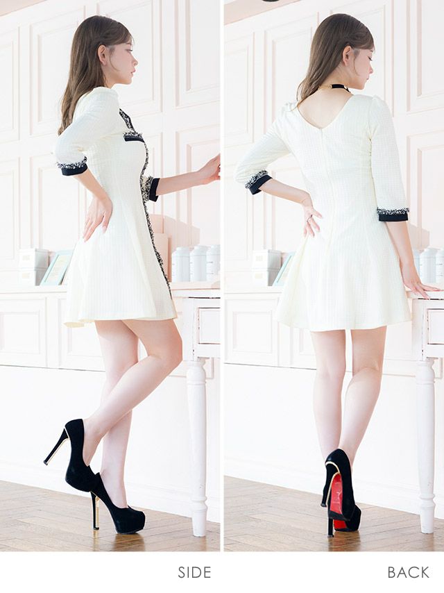 韓国ドレス ミニドレス ワンピース 異素材 モノトーン 袖あり 七分袖 ツイード Aライン キャバドレスのサイドバッグ全身
