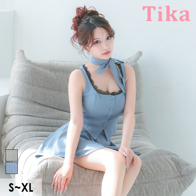 ミニドレス セットアップ ノースリーブ ピンストライプ レース ネックリボン付き プリーツ ブルー XL Aライン キャバドレスのメイン画像