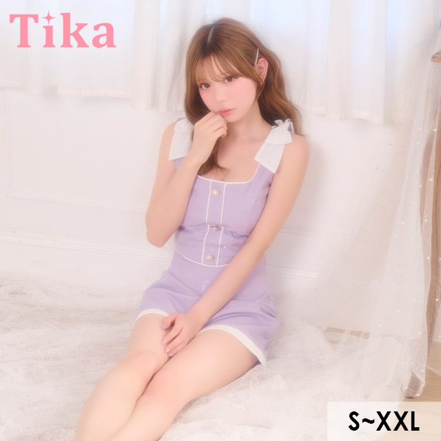 ミニドレス タイト セットアップ ノースリーブ ショルダーリボン ビジューシャワー キラキラ パールボタン パイピング 下着のまま ラベンダー 大きいサイズ XL XXL キャバドレスのメイン画像