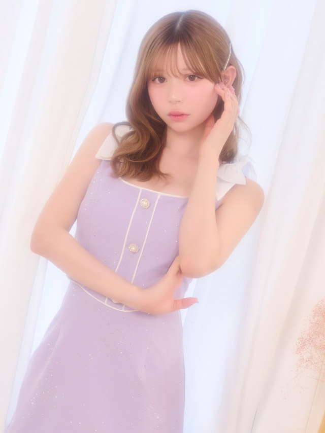 ミニドレス タイト セットアップ ノースリーブ ショルダーリボン ビジューシャワー キラキラ パールボタン パイピング 下着のまま ラベンダー 大きいサイズ XL XXL キャバドレスのイメージ画像4