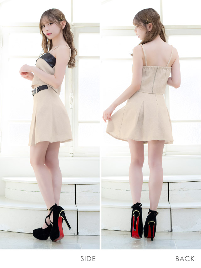 ミニドレス Aライン セットアップ キャミソール ツイード ベルト付き ボックスプリーツ ベージュ XL キャバドレスのサイドバッグ全身