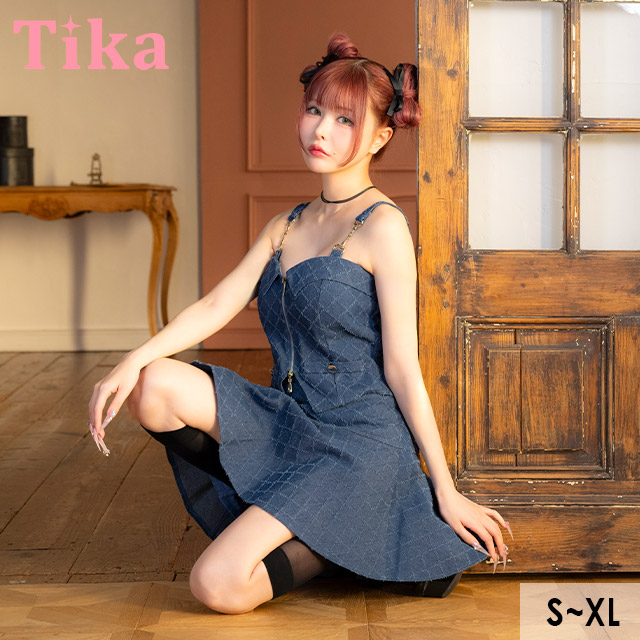 ワンピース Aライン ミニドレス 谷間 セットアップ キャミソール ジップ デニム 格子柄 同伴 キャバドレスのメイン画像