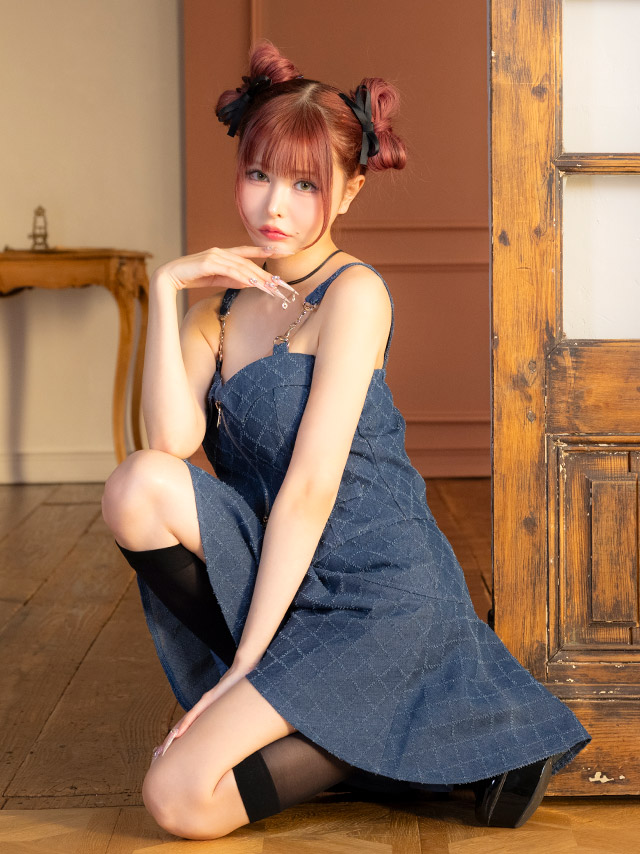 ワンピース Aライン ミニドレス 谷間 セットアップ キャミソール ジップ デニム 格子柄 同伴 キャバドレスのイメージ画像2