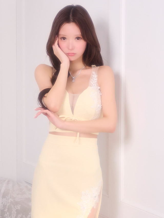 ミニドレス セットアップ ノースリーブ 立体フラワー 刺繍 リボン 谷間 シアー タイト パステル イエロー XL キャバドレスのイメージ画像2