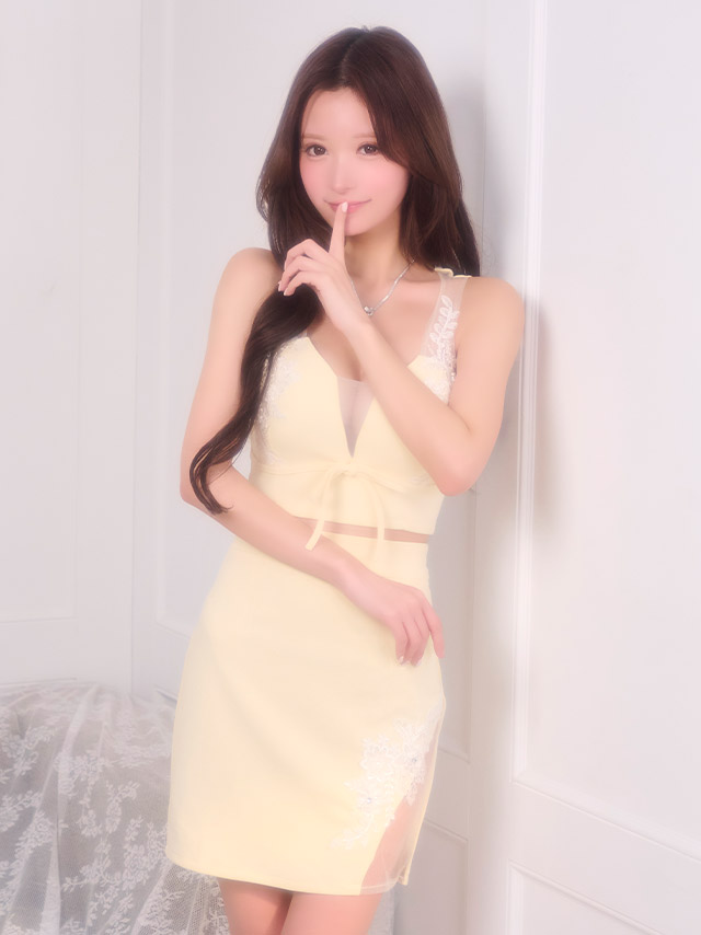 ミニドレス セットアップ ノースリーブ 立体フラワー 刺繍 リボン 谷間 シアー タイト パステル イエロー XL キャバドレスのイメージ画像4