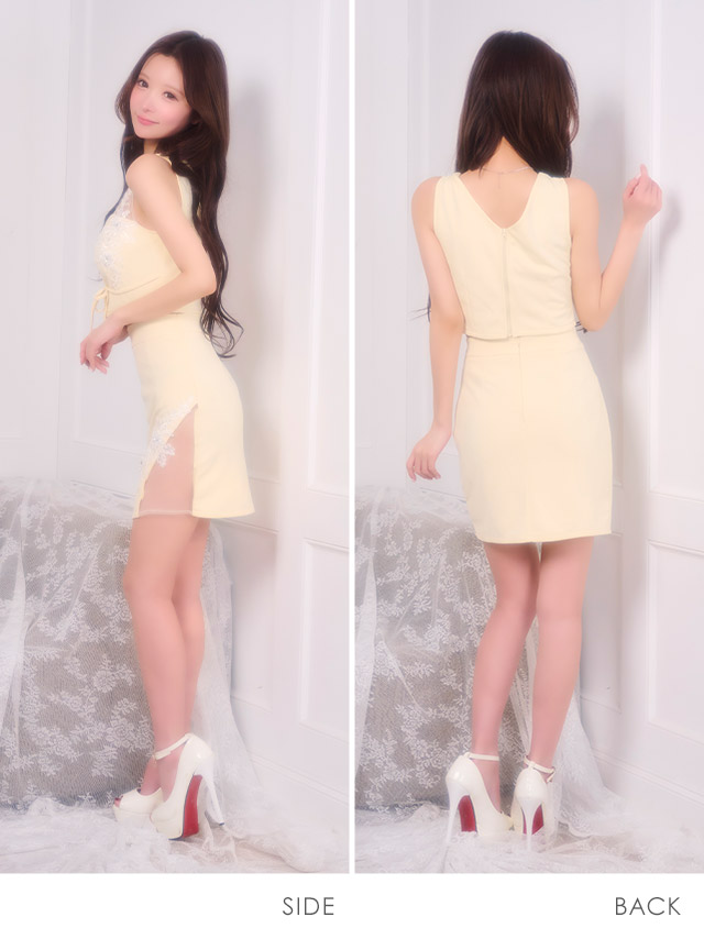 ミニドレス セットアップ ノースリーブ 立体フラワー 刺繍 リボン 谷間 シアー タイト パステル イエロー XL キャバドレスのサイドバッグ全身