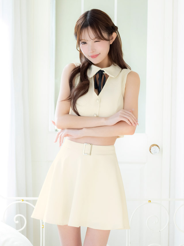 ミニドレス Aライン セットアップ ノースリーブ 襟付き ツイード ネックリボン ベルト付き XL アイボリー キャバドレスのイメージ画像2