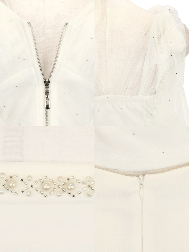 ミニドレス タイト セットアップ キャミソール ショルダーリボン ジップ 谷間 裾フリル 白 XL キャバドレスの商品特徴