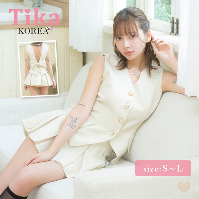 韓国ドレス ワンピース セットアップ Aライン ミニドレス シンプル 大人 ノースリーブ 上品 背中魅せ バックリボン プリーツ 胸元カバー 同伴 Aライン キャバドレススのメイン画像