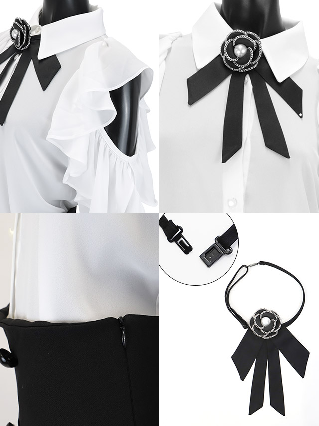 韓国ドレス ワンピース ネックリボン タイ付き 肩出し 二の腕カバー 長袖 袖ありフリルブラウス 胸元カバー ダブルボタン プリーツスカート セットアップ Aライン キャバドレのディティール1