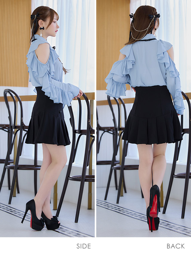 韓国ドレス ワンピース ネックリボン タイ付き 肩出し 二の腕カバー 長袖 袖ありフリルブラウス 胸元カバー ダブルボタン プリーツスカート セットアップ Aライン キャバドレのサイドバッグ全身