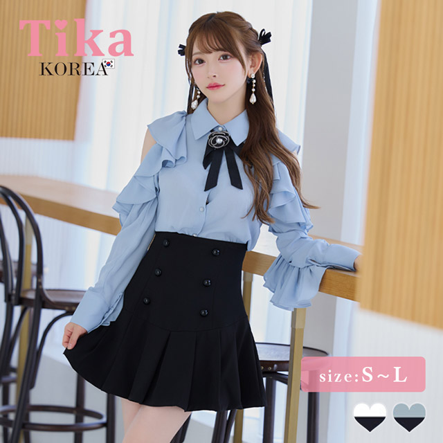 韓国ドレス ワンピース ネックリボン タイ付き 肩出し 二の腕カバー 長袖 袖ありフリルブラウス 胸元カバー ダブルボタン プリーツスカート セットアップ Aライン キャバドレのメイン画像