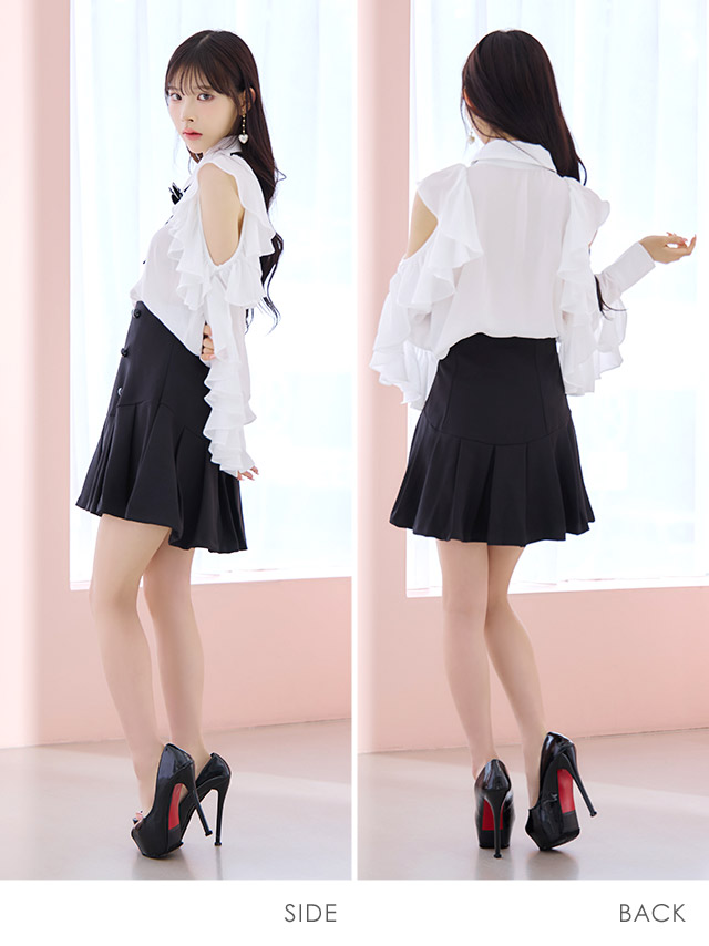 韓国ドレス ワンピース ネックリボン タイ付き 肩出し 二の腕カバー 長袖 袖ありフリルブラウス 胸元カバー ダブルボタン プリーツスカート セットアップ Aライン キャバドレのサイドバッグ全身