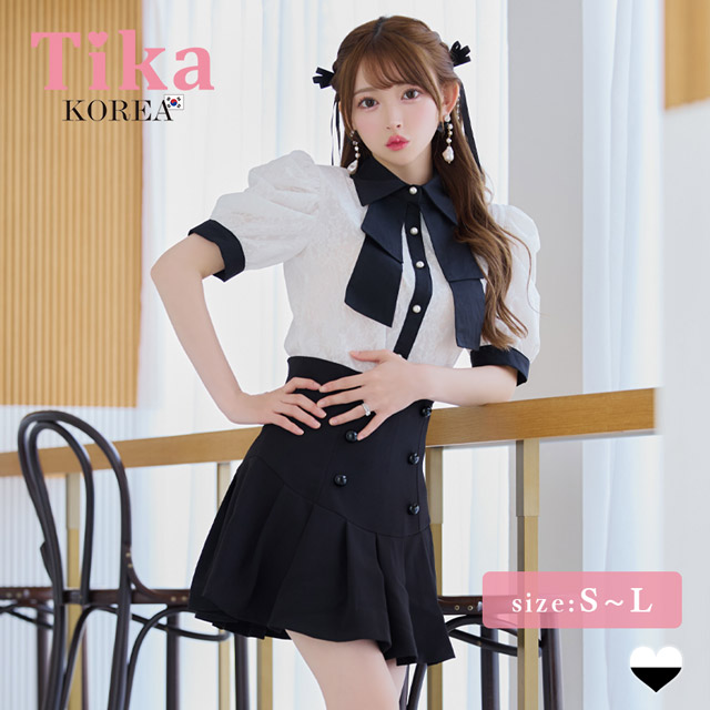 韓国ドレス ミミニドレス セットアップ モノトーン 襟付き ネックリボン 半袖 セットアップ 胸元カバー Aライン ワンピースのメイン画像