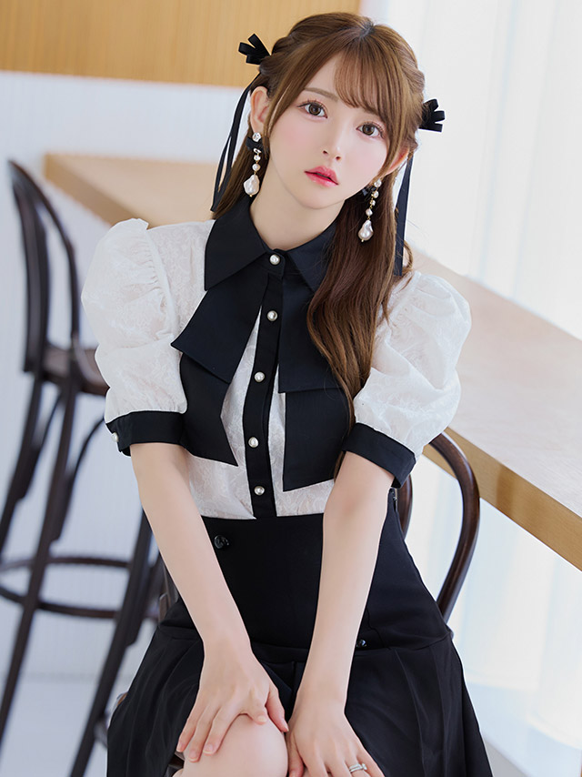 韓国ドレス ミミニドレス セットアップ モノトーン 襟付き ネックリボン 半袖 セットアップ 胸元カバー Aライン ワンピースのイメージ画像2