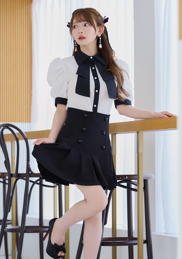 韓国ドレス ミミニドレス セットアップ モノトーン 襟付き ネックリボン 半袖 セットアップ 胸元カバー Aライン ワンピースのイメージ画像2